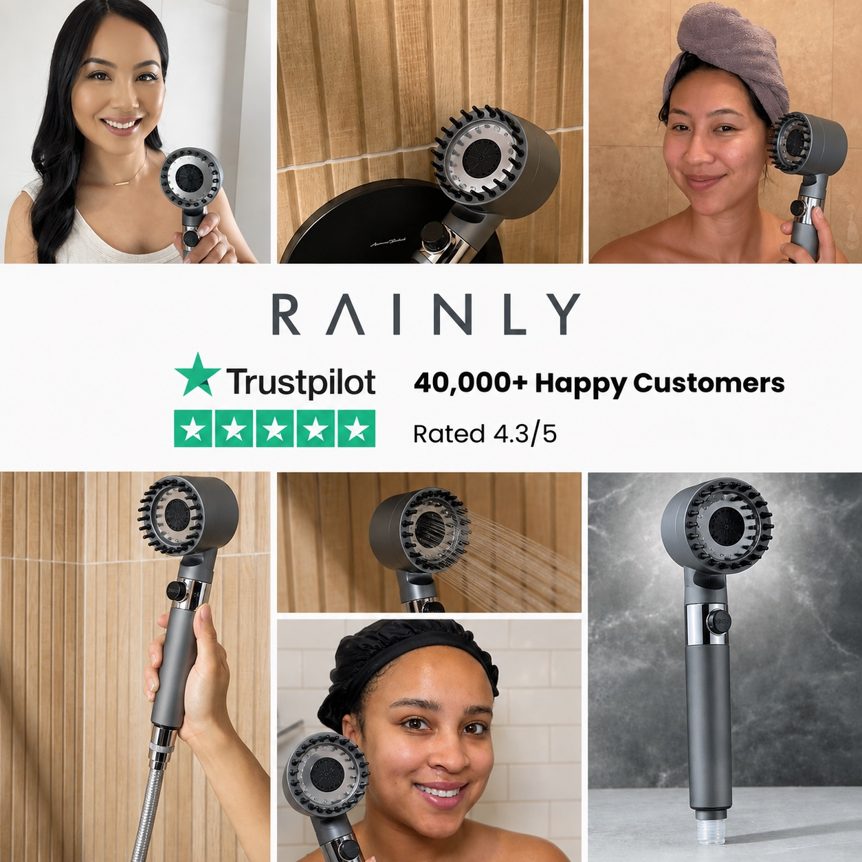 RAINLY customer photo collage with Trustpilot rating of 4.3 out of 5 from 40,000+ happy customers