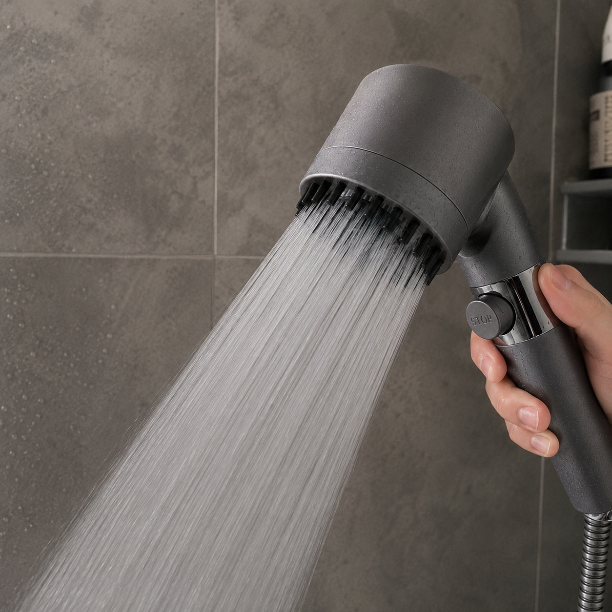 RAINLY shower head in Spray mode with a powerful jet