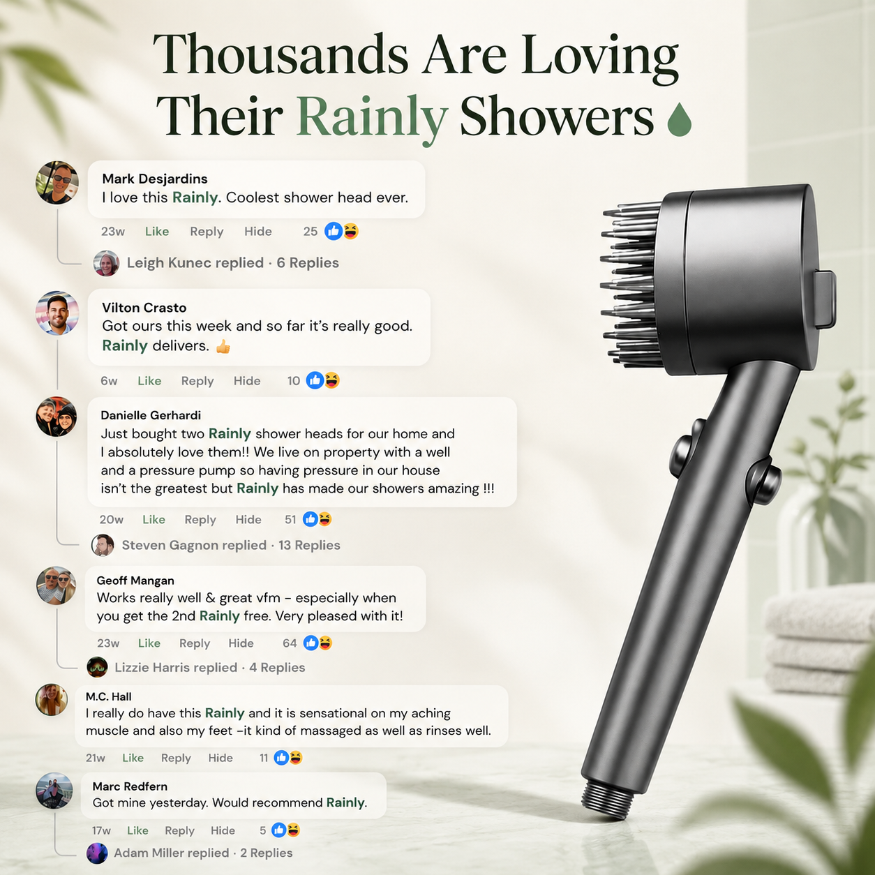 Social media reviews from real RAINLY customers sharing their shower experiences